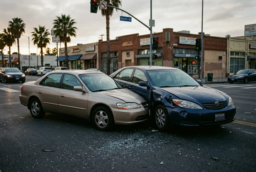 Choque de dos autos en una intersección urbana al atardecer