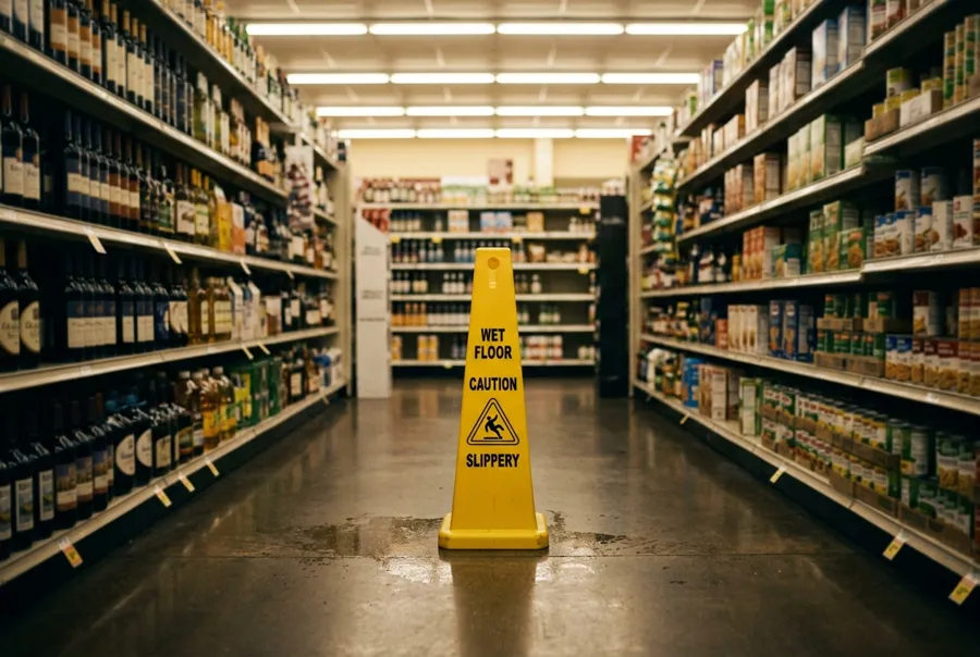 Cono de piso mojado en el pasillo de una tienda