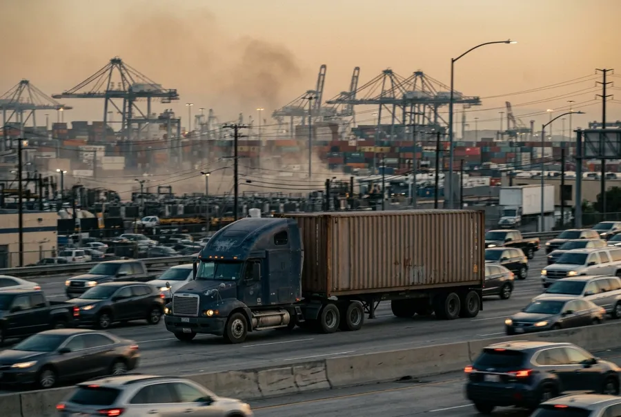 Camión de carga con contenedor en una autopista de Los Ángeles