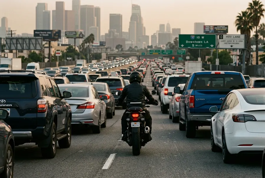 Motociclista entre carriles en tráfico denso de autopista