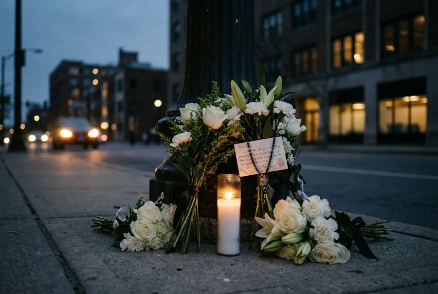Memorial con flores blancas y una veladora en la banqueta