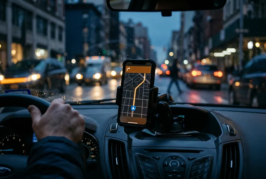 Teléfono con mapa de viaje montado en el tablero de un auto